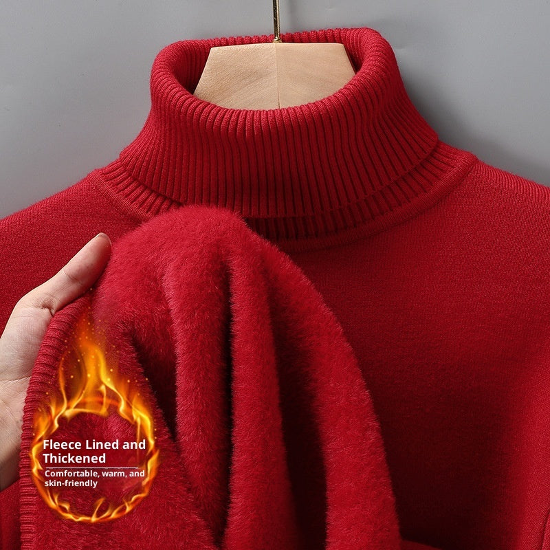 Men's Versatile Knitted Turtleneck Solid Color With Fur Sweater