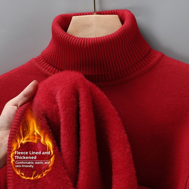 Men's Versatile Knitted Turtleneck Solid Color With Fur Sweater
